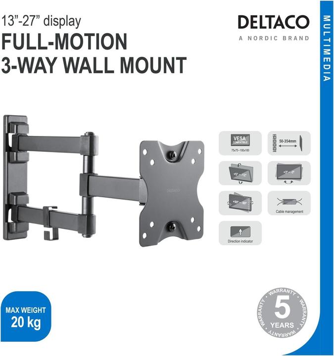 Image du produit Deltaco Support mural pour TV/moniteurs (Mur, 27", 20 kg)