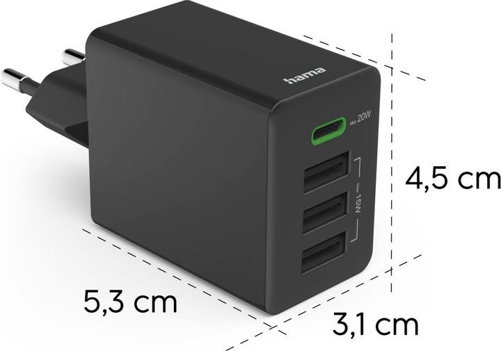 Actual product image Hama Quick charger, 1x USB-C PD, 3x USB-A, mini charger, 35W, black (35 W)