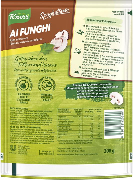 Nährwerte und Zutaten Knorr Spaghetteria Ai Funghi Pasta Pilzsauce Beutel, Teigwaren mit crèmiger Pilz Sauce, Fertiggericht (218 g)