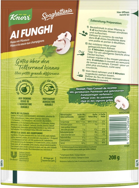Valori nutrizionali e ingredienti Knorr Pasta Ai Funghi con Salsa di Funghi (218 g)