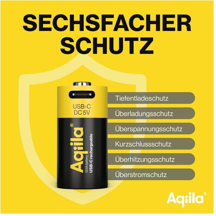 Actual product image Aqiila - USB-C Rechargeable Battery - Size CR123A - 750 mAh - 2-pack (2 pcs., RCR123A, 750 mAh)