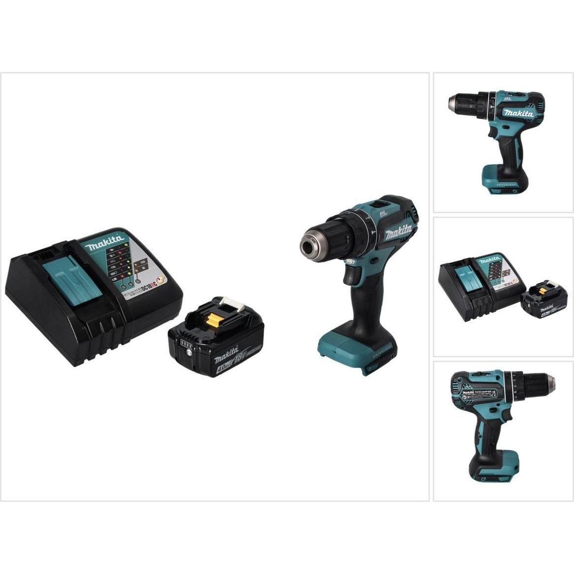 Makita, Bohrmaschine + Akkuschrauber, DHP 485 RM1 Akku Schlagbohrschrauber 18 V 50 Nm Brushless + 1x Akku 4,0 Ah + Ladeg...