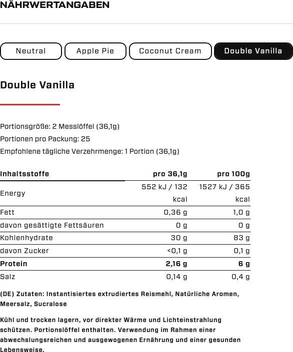 Nährwerte und Zutaten Vast Instant Rice Pudding (900G Dose) (Double Vanilla, 1 Stk., 900 g)