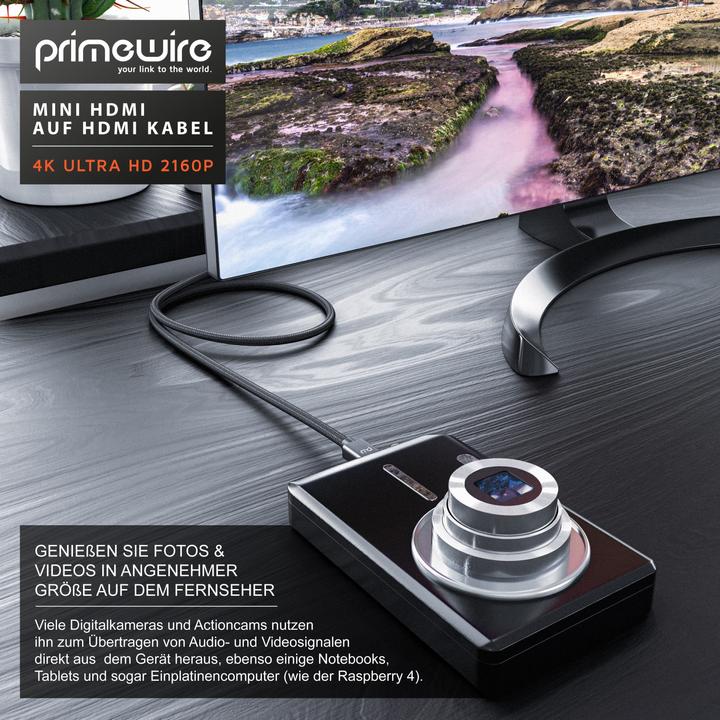 Image du produit Primewire Câble mini HDMI vers HDMI, Type C vers Type A, câble adaptateur miniHDMI 4K 3840 x 2160 @ 60 Hz (5 m, HDMI)