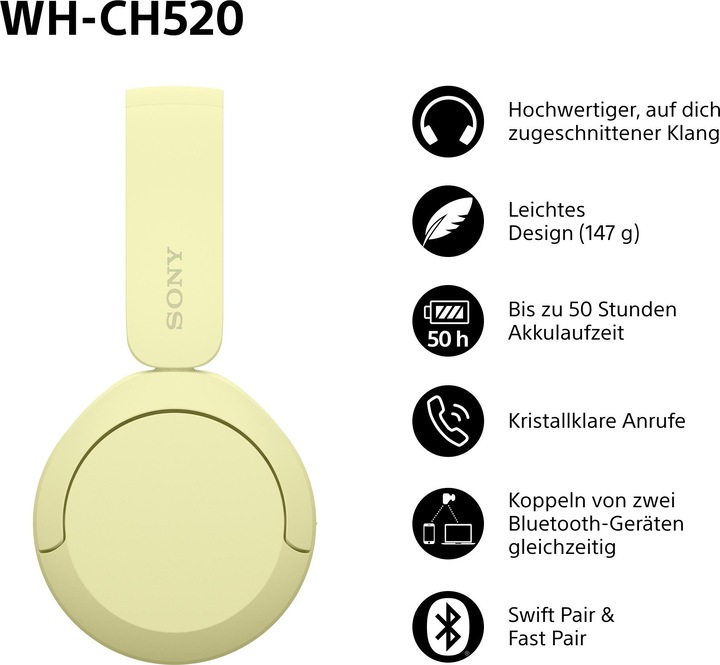 Immagine prodotto Sony WH-CH520 (Nessuna soppressione del rumore, 50 h, Senza fili)