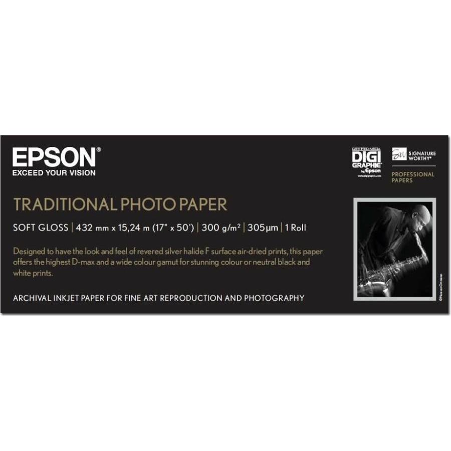 Epson Plotterpapierrolle Traditional Foto Papier, 432mm x 15m, 300g/m² (300 g/m², Plotterrollen, 1 x), Fotopapier, Weiss
