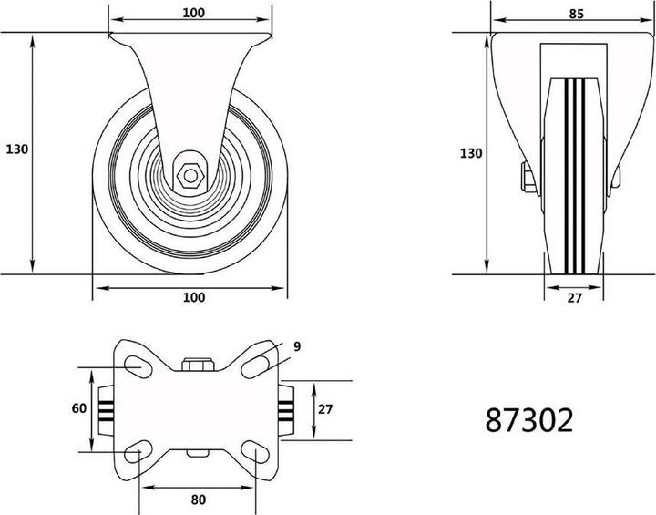 Produktbild Toya Vorel -Festrad mit schwarzem Gummi 100mm 87302
