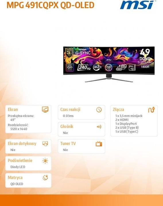 Image du produit MSI MPG 491CQPXDE QD-OLED (5120 x 1440 pixels, 49")