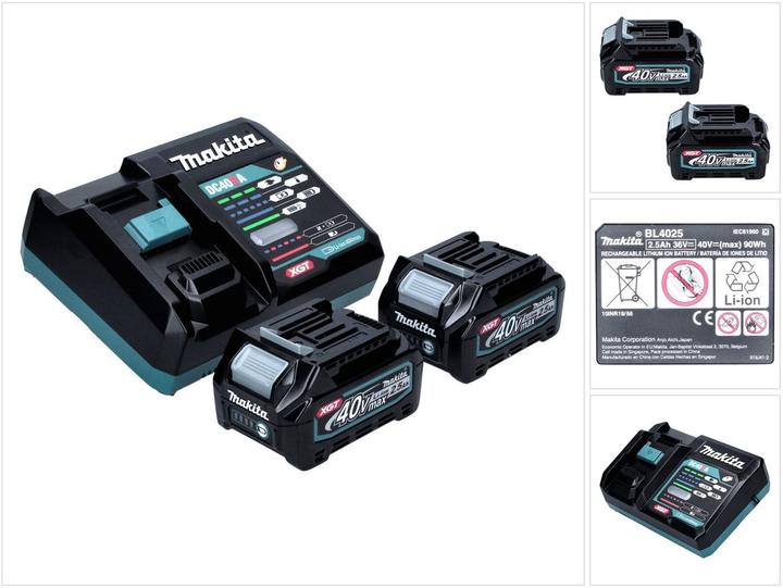 1x Makita DC 40 RA 40 V Schnell Ladegerät XGT LXT (191E07-8), 2x Makita BL 4025 Akku 40 V 2.5 Ah XGT Li-Ion Akku (191B36-3)