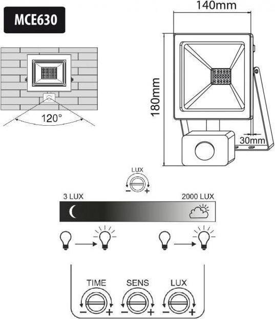 Actual product image Maclean MCE630 NW LED spotlight with motion sensor, slim 30 W, 2400 lm, neutral white (4000 K), IP44, MCE63 (2400 lm, IP44)