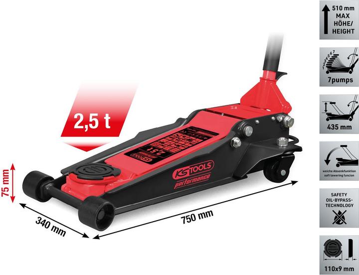 Actual product image KS Tools - performance Hydraulischer Stahl-Wagenheber, 2500 kg, flach, Hubhöhe: 75-510 mm