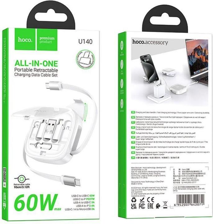 Produktbild Hoco Cable cable All-in-one retractable charging data cable set PD 3A 60W U140 0,95 m white (1 m, 60 W)