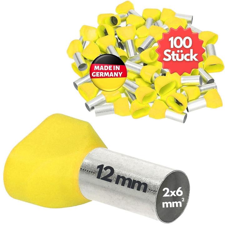 Kalitec 100 Stück AET612GE Zwillingsaderendhülsen isoliert 2x6,0mm² 12mm lang gelb I Made in Germany