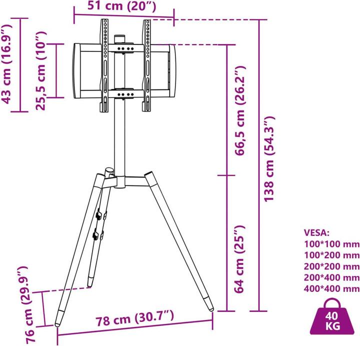 Nährwerte und Zutaten VidaXL TV-Stativ 37-65 Zoll Bildschirm Max VESA 400x400 mm 40 kg (65", 40 kg)