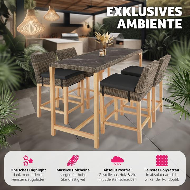 Produktbild tectake Rattan Bartisch Lovas mit 4 Stühlen Latina (161 x 64.50 x 99.50 cm)
