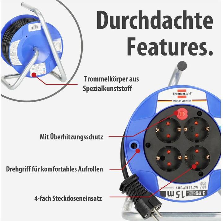 Actual product image Brennenstuhl Compact cable drum black 15m H05VV-F 3G1.5 107 (15 m, 1.50 mm²)