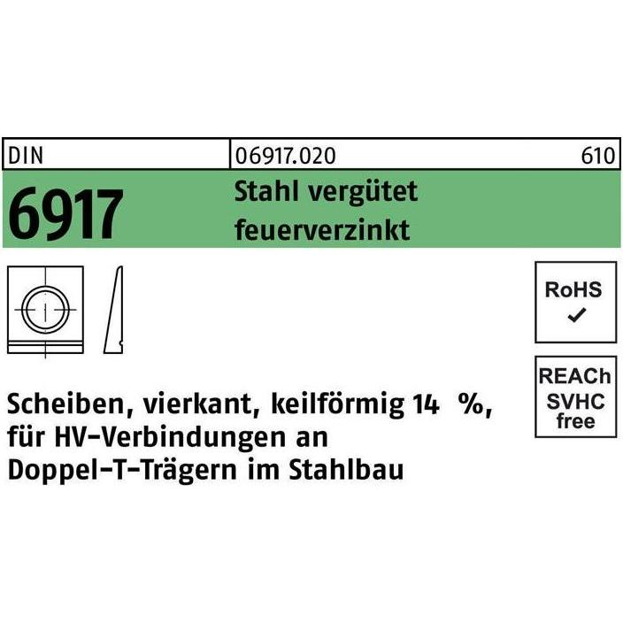 Peiner, Muttern + Unterlegscheiben, Unterlegscheibe DIN 6917 ÜH vierkant keilförmig 13 Stahl C45 feuerverzinkt