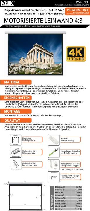 Produktbild Berling Motor-Leinwand, elektrisch, 4:3, 86" (172x130cm), Premium-Linie, (86", 4:3)