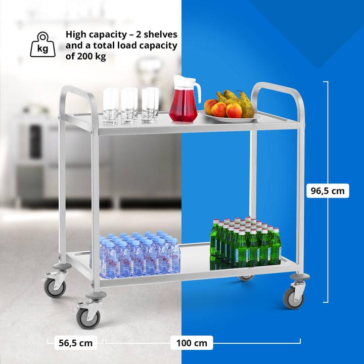 Image du produit Royal Catering Chariot de service en acier - 2 plateaux - 160 kg max. - 2 freins