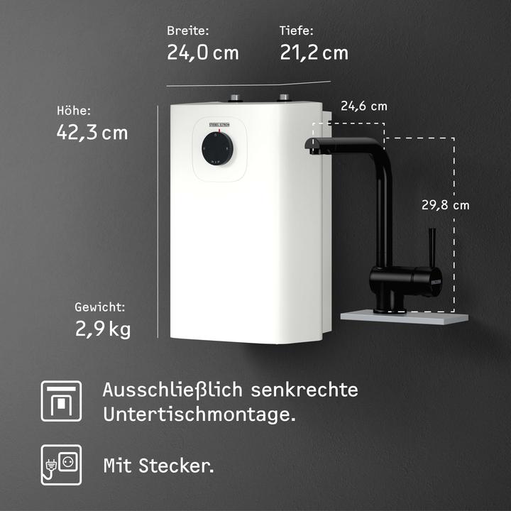 Produktbild Stiebel Eltron Boiler SNU 5 Plus mit Wasserhahn MAE-B sehr kompakt, Untertischboiler 5 L Niederdruck, mit Stecker