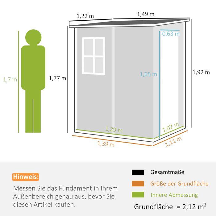 Immagine prodotto Swisshandel24 Gerätehaus 1,54m³, Pultdach, 122x149x192/177 cm, Abschliessbar, Fenster, Alu, Grau