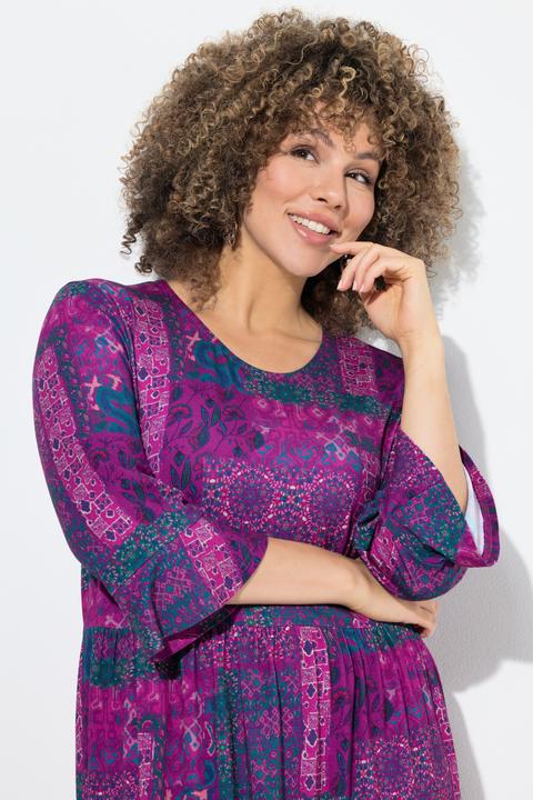 Produktbild Ulla Popken Jersey-Midikleid, Patchdruck, A-Linie, Rundhals, 3/4-Arm (50, 52)