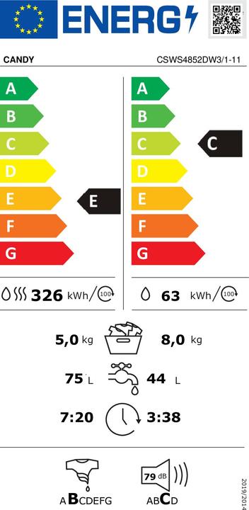 Energy Label Candy CSWS4852DW31-11 Front loading washer-dryer 8-5 kg