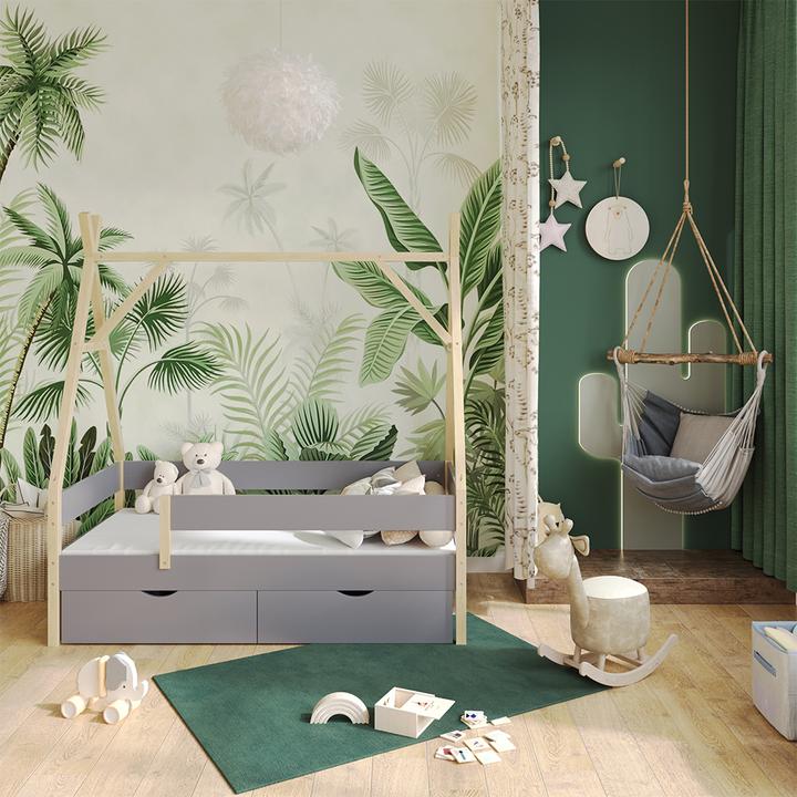 Image du produit VitaliSpa Lit Tipi Bali, Gris, 80x160 cm avec 2 tiroirs et matelas (80 x 160 cm)
