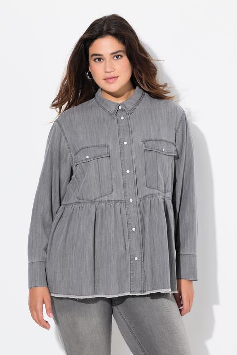 Produktbild Ulla Popken Jeansbluse, Volant, A-Linie, Hemdkragen, Langarm, Fransen (50, 52)