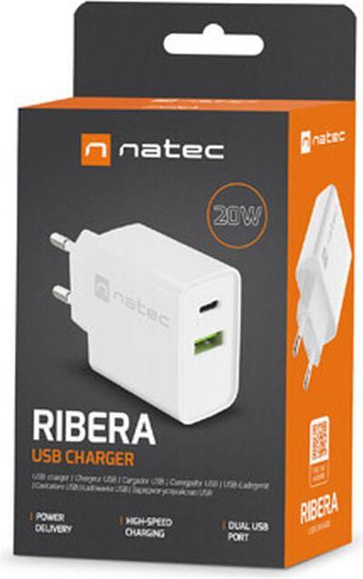 Produktbild Genesis Natec ładowarka Sieciowa Ribera USB-A + USB-C 20w Power Delivery Biała Nuc-2061 (20 W)