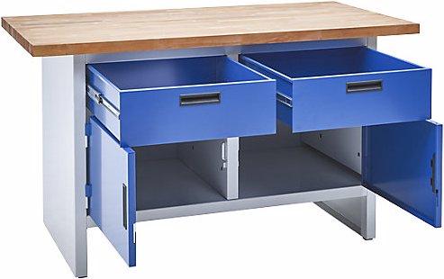 Produktbild MBA-System Werkbank, 2 Schubladen, 2 Türen, Breite 1500 mm, lichtgrau / enzianblau (150 cm, 75 cm)