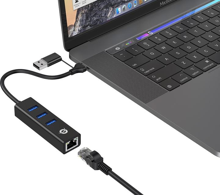 Produktbild Conceptronic Adapter USB3.0-> RJ45,3xUSB3.0,TypC Ad 0.15m sw (USB-A, USB-C, 4 Ports)