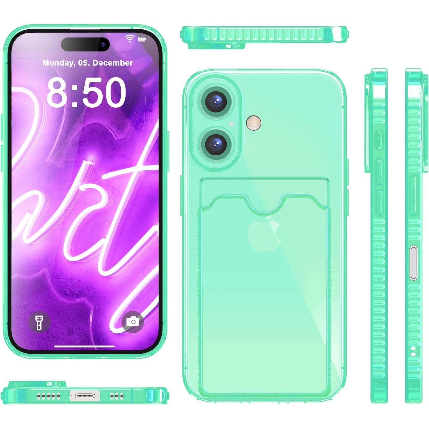 Thumbnail - Nalia Klar Transparente Neon Silikon Hülle Kartenhalter (Apple iPhone 16), Smartphone Hülle, Türkis