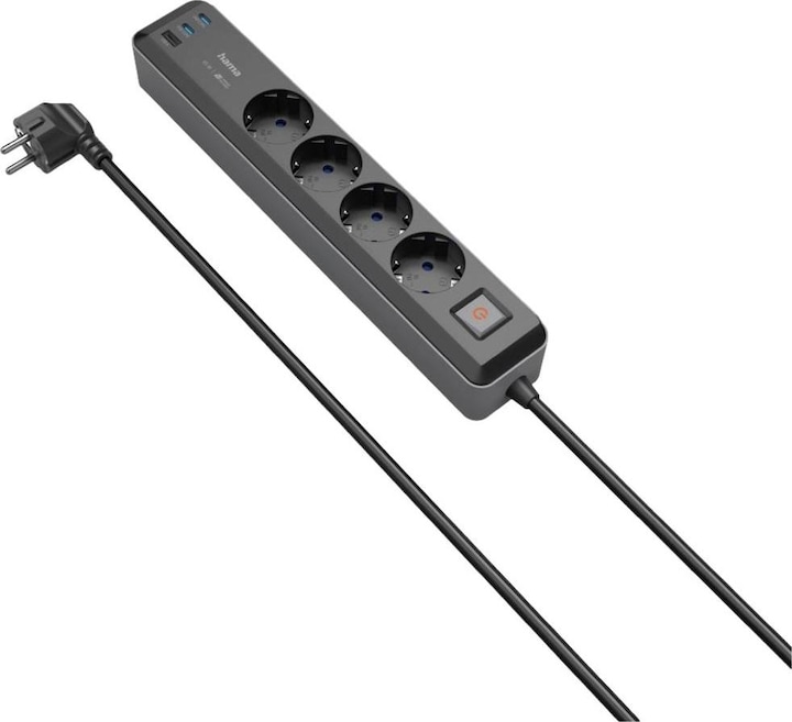 Image du produit Hama Prises multiples, 4x, USB-C/A 65W, PD, interrupteur, 1,4 m, noir/gris (4 x, CEE 7/3, 1.40 m)