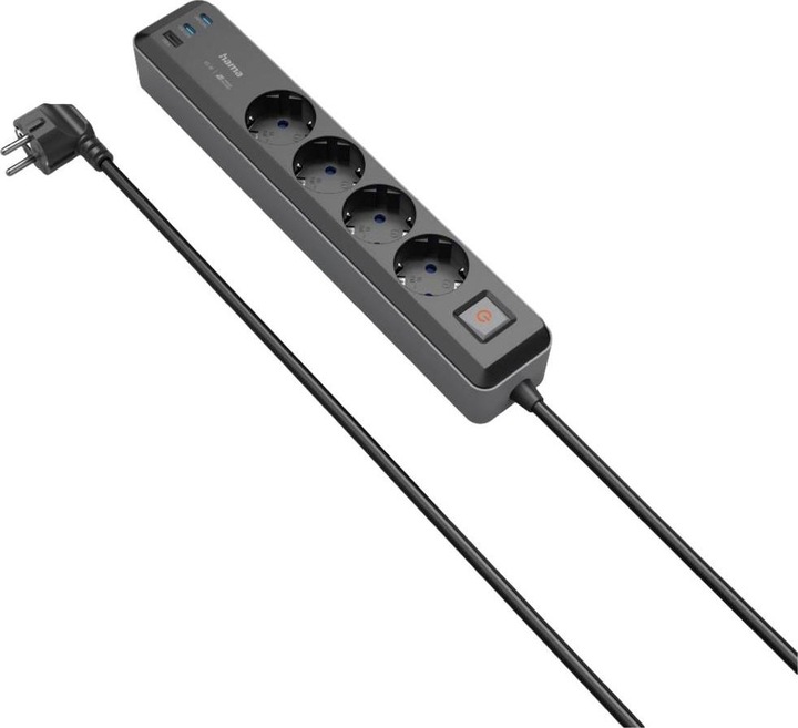 Actual product image Hama Power strip, 4-way, USB-C/A 65W, PD, switch, 1.4 m, black/grey (4 x, CEE 7/3, 1.40 m)