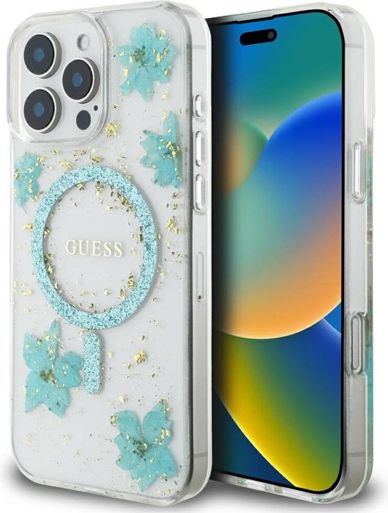 Actual product image Guess Case Resin Flowers Glitter MagSafe for iPhone 16 Pro turquoise (Apple iPhone 16 Pro)