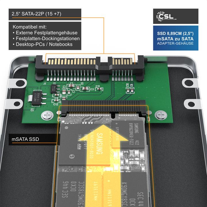 Produktbild CSL Festplattengehäuse, SSD 8,89cm (2,5) mSATA zu SATA Adapter, max. 7mm Einbauhöhe, Festplatten-Gehäuse