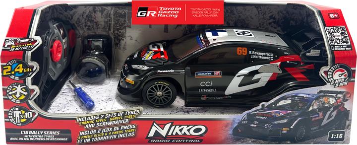 Actual product image Nikko Toyota Gazoo Racing Rovanperä Sweden Rally 2024 Remote Control Car with Extra Wheels, 1:16