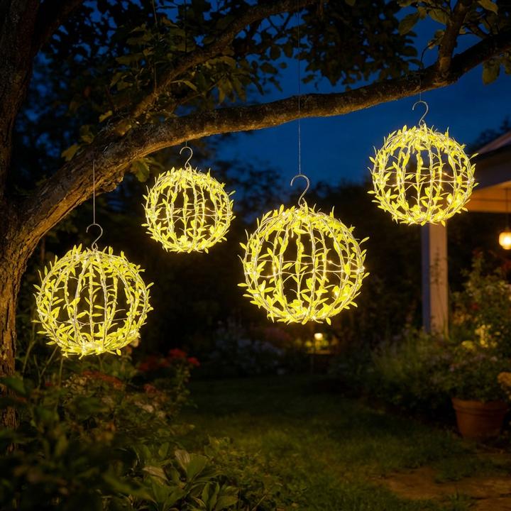 Actual product image Ideoon 4er-Set Solar Leuchtkugel im Blätterdesign - Ø20cm Gartenkugel mit 72 warmweissen LEDs - IP44 (IP44)