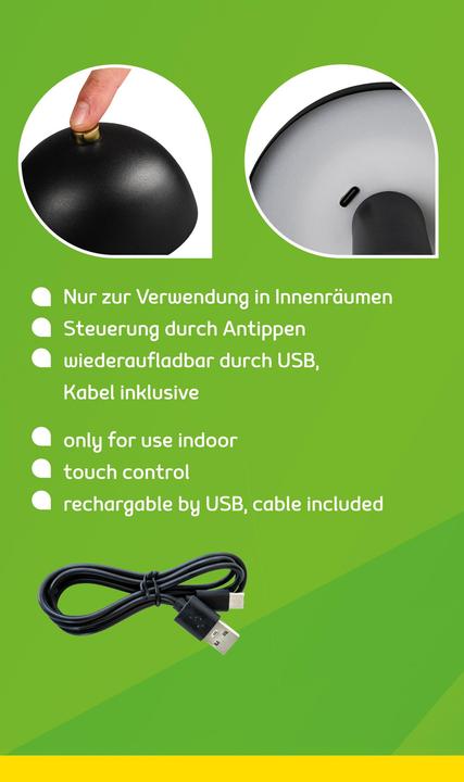 Actual product image Idena LED Tischleuchte Touch Fado Metall schwarz 10x16,5cm Akku USB C dimmbar 3 Modi Innen
