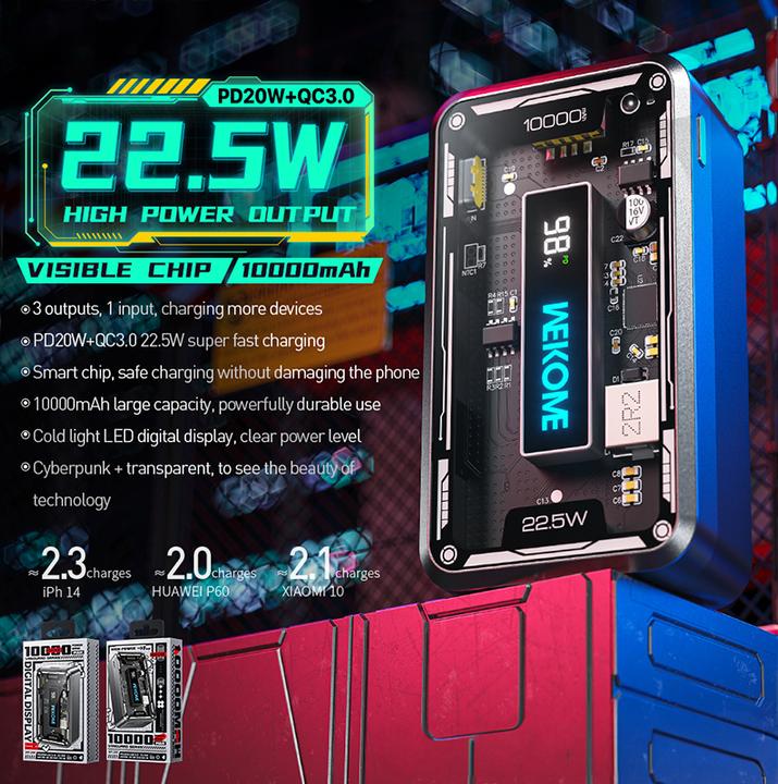 Produktbild Wekome WP-395 Vanguard Series – Powerbank 10000 mAh Super Charging PD 20 W + QC 22,5 W (Schwarz) (10000 mAh, 22.50 W)