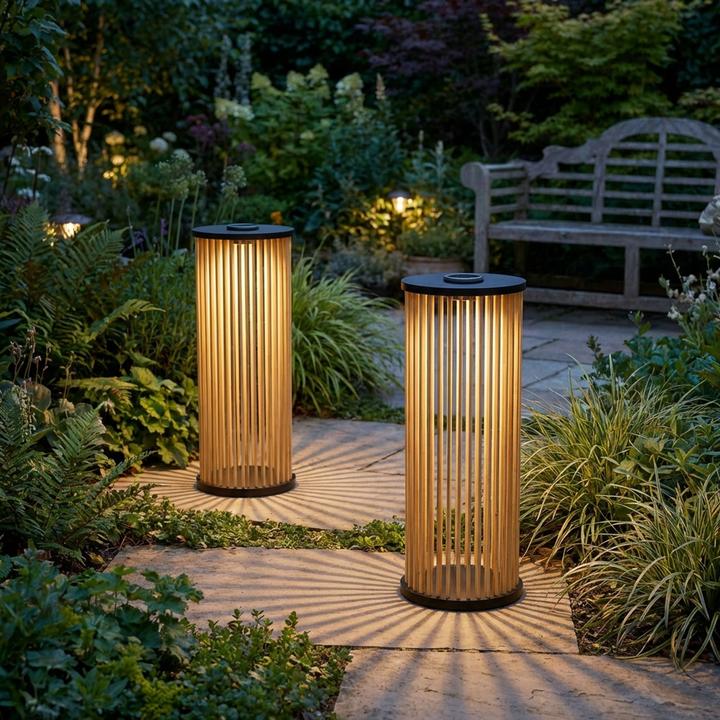 Produktbild Ideoon 2er-Set Stilvolle Solar-Laterne aus Bambus 60cm – Warmweisse LED Gartenleuchte
