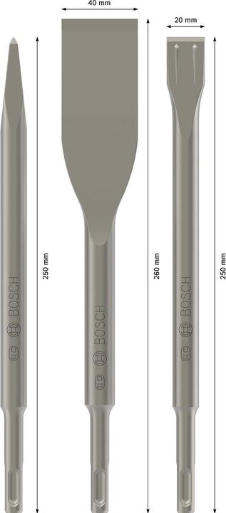 Bosch Professional Zubehör 3-tlg. Meisselset, SDS plus, 0/20/40 mm (250 mm)