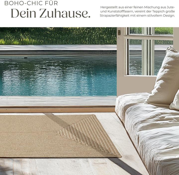 Produktbild tectake Geflochtener Teppich Vibe aus Jute, Boho-Stil (90 x 60 x 0.5 cm)