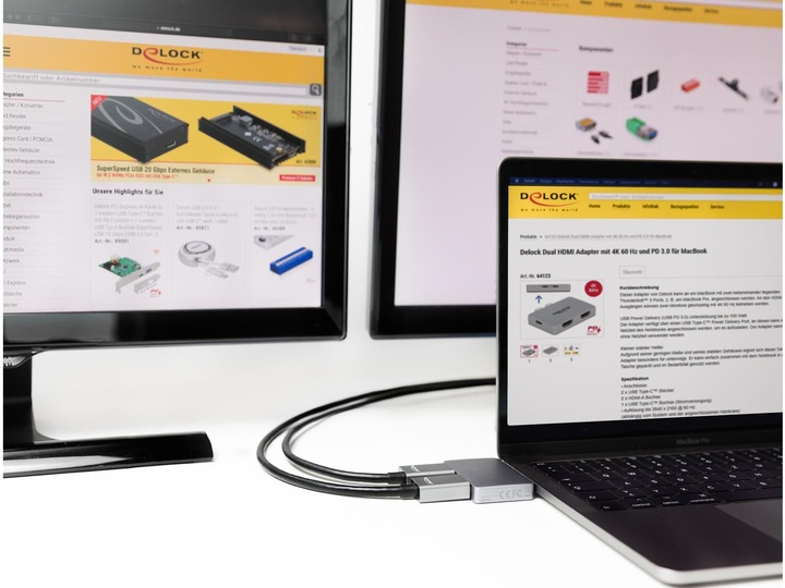 Image du produit Delock Adaptateur HDMI double avec 4K 60 Hz et PD 3.0 pour MacBook (USB-C, 2 Ports)