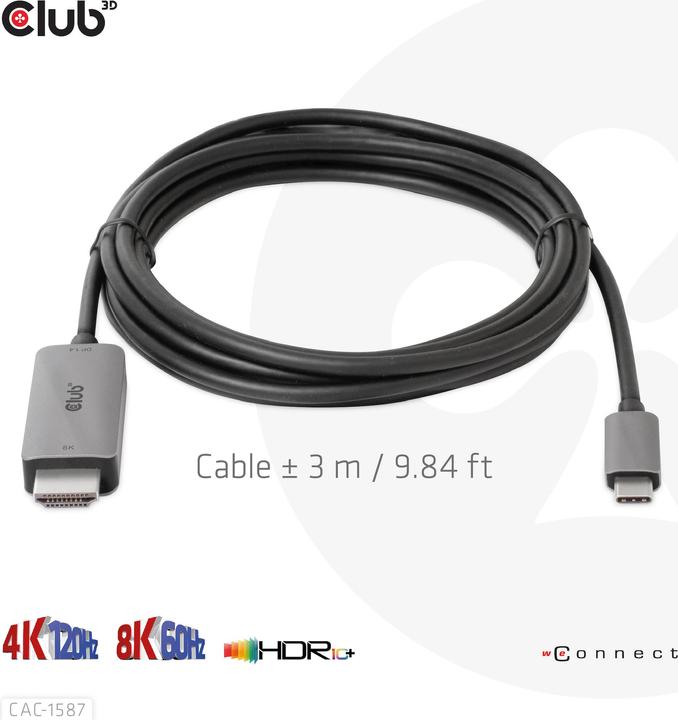Produktbild Club 3D HDMI (Typ A) — USB C (3 m, USB Typ C, HDMI, 2.1)