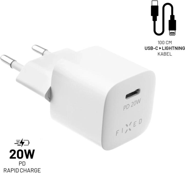 Image du produit Fixed Chargeur de voyage Mini USB-C 20W+ Câble USB-C/Lightning, Blanc (20 W, 1 portion)