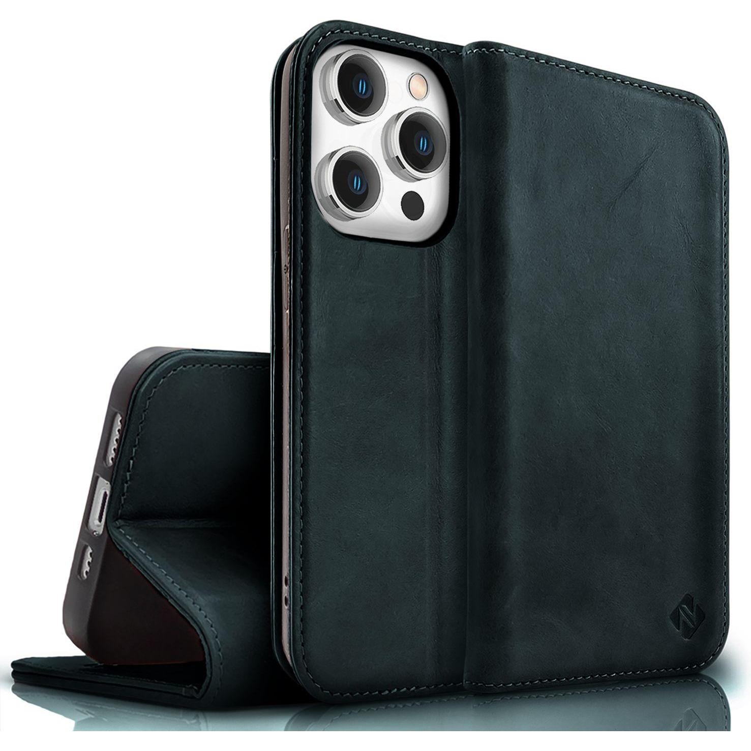 Nalia Echt Leder Flip Case Hülle mit Magnetverschluss (Apple iPhone 15 Pro Max), Smartphone Hülle, Blau