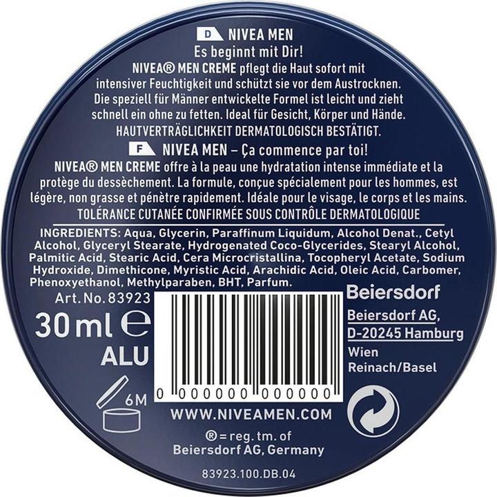 Nutritional values and ingredients Nivea Men Cream (30 ml, 24h cream)