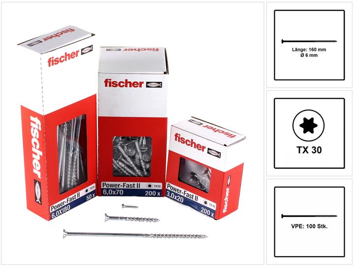 Immagine prodotto Fischer Vite per pannelli truciolari Power-Fast II FPF II 6,0x160 mm 100 pezzi ( 670464 ) testa svasata con (100 Viti per pezzo)